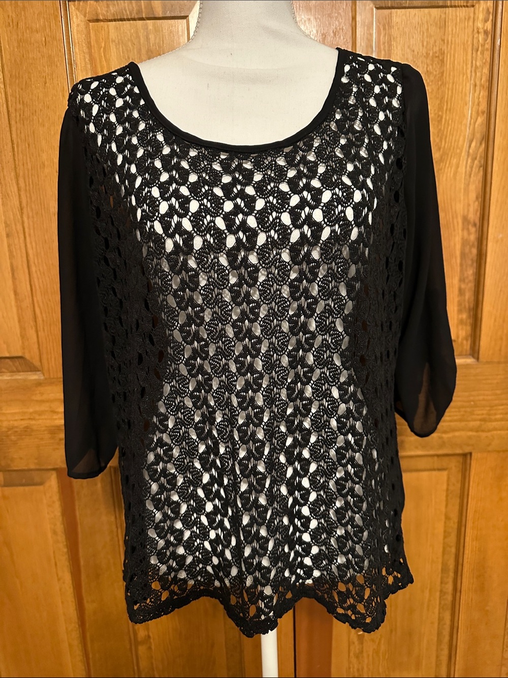 Studio Y Black Crochet Overlay Blouse - Women Tops L 3/4 sleeve